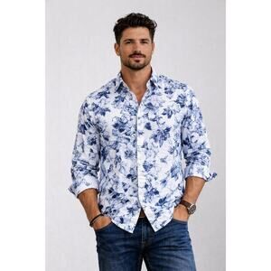 Ted Baker London Mens Shirt XL Blue Floral Cotton Button Front Size 6